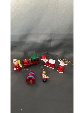 Set Of 6 Hand-Painted Wooden Christmas Ornaments Santa Snowman Train